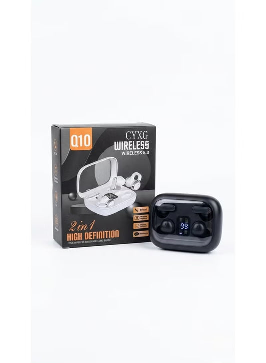 CYXG Q10 2-in-1 True Wireless Earbuds – Dual Style (In-Ear & Ear-Clip), Bluetooth 5.49, ENC Noise Cancelling, LED Digital Display, & Remote Camera Capture