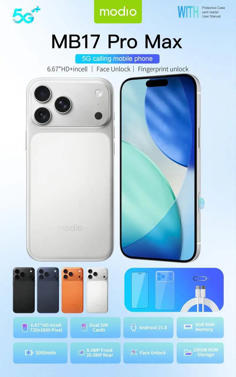Modio MB17 Pro Max 5G Calling Mobile Phone - 6.67-inch HD Display, 8GB RAM, 256GB ROM, Dual SIM, 5000mAh Battery