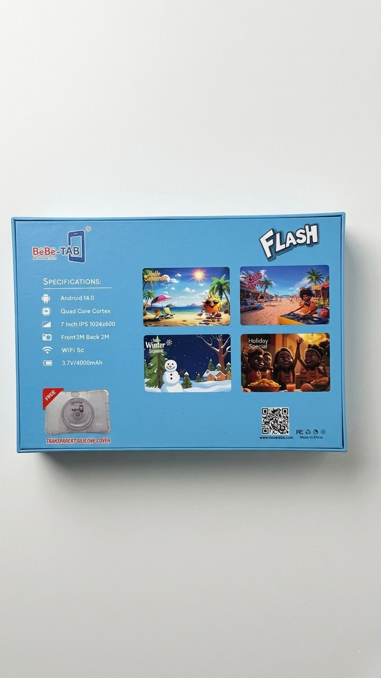 BéBé-TAB Flash Kids Educational Tablet - 7-inch IPS Display, Android 14.0, Quad-Core, 4000mAh Battery - Includes Transparent Silicone Cover & Accessories