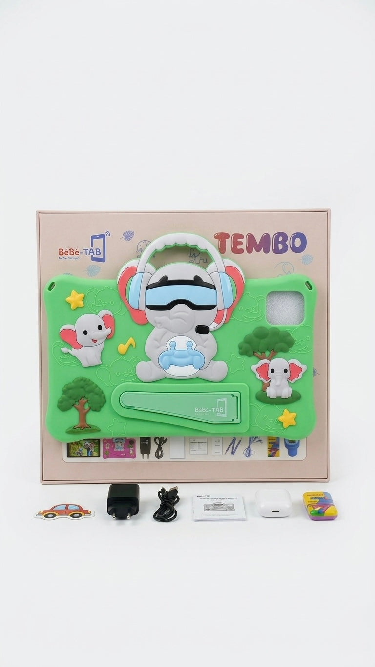 BéBé-TAB TEMBO 5G Kids Educational Tablet - 7-inch Display, Android 14, Shockproof 3D Elephant Case with Kickstand - Includes Wireless Earbuds & Accessory Bundle