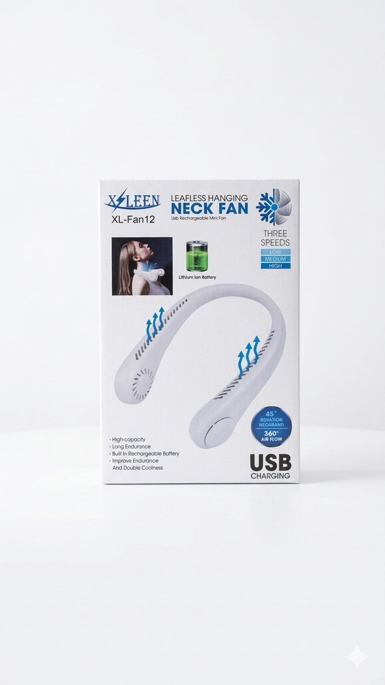 XLEEN XL-Fan12 Leafless Portable Hanging Neck Fan, 360° Airflow, 3-Speed Control, USB Rechargeable