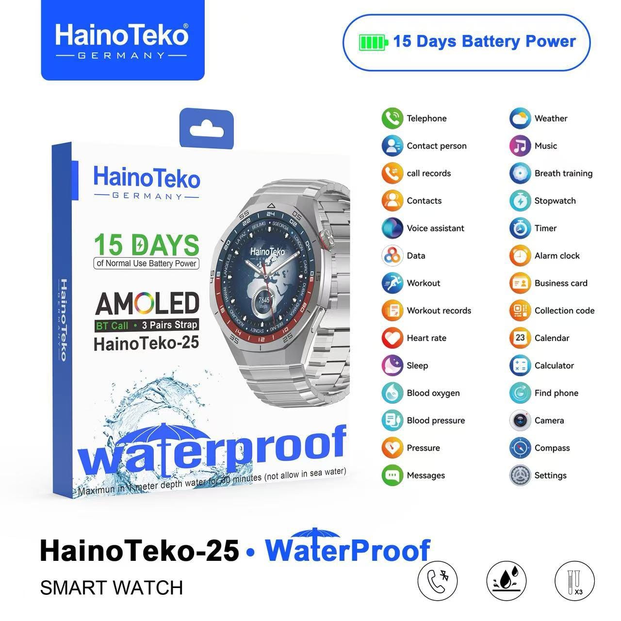 HainoTeko RW-25 Round Smart Watch with 3 Interchangeable Straps | Waterproof Fitness Smartwatch with Wireless Charger, Sports Tracking & Smart Notifications