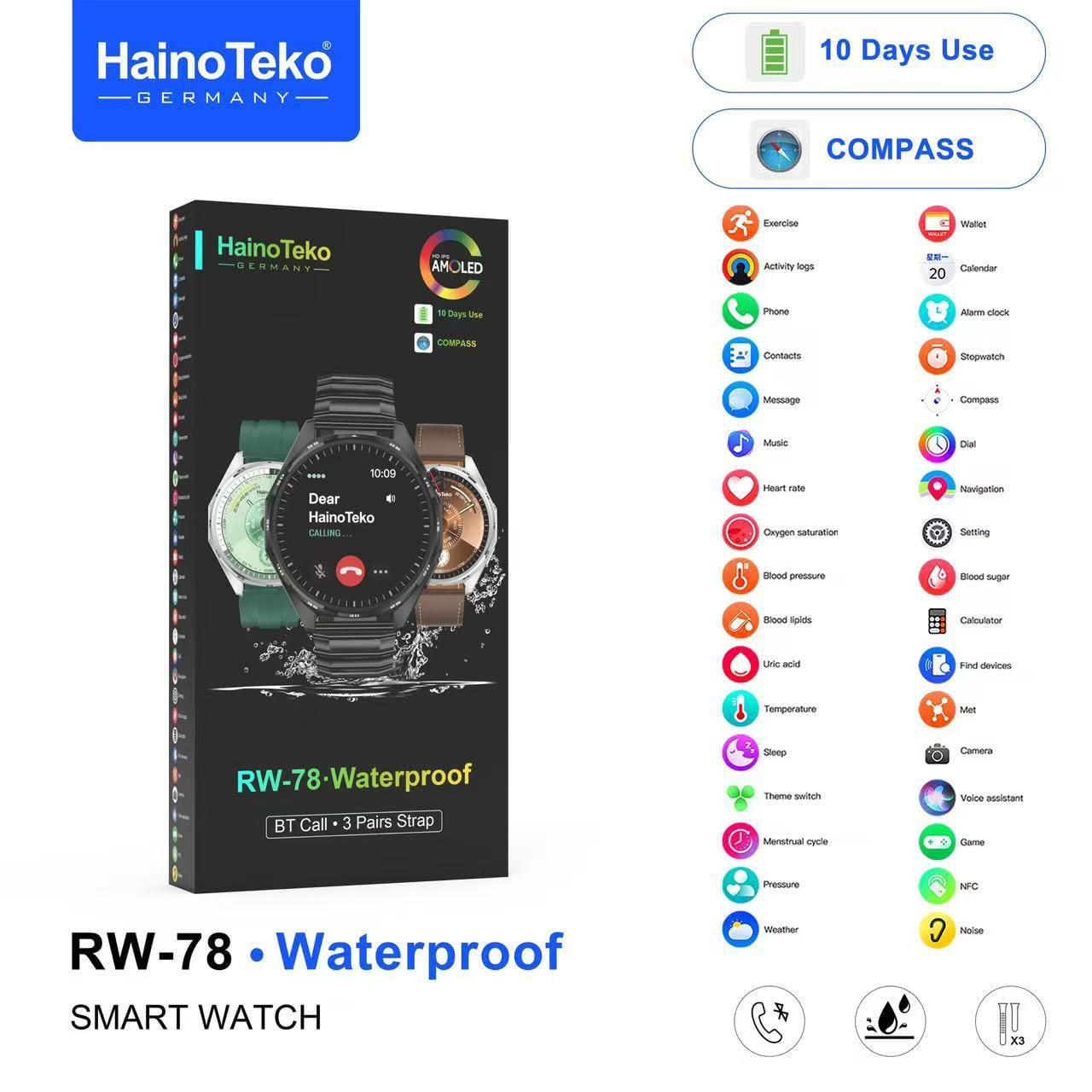 RW-78 Waterproof Smart Watch with AMOLED Display, Bluetooth Calling, 10-Day Battery, 3 Stylish Straps & Charging Cable, Sleek Silver Design for Men and Women