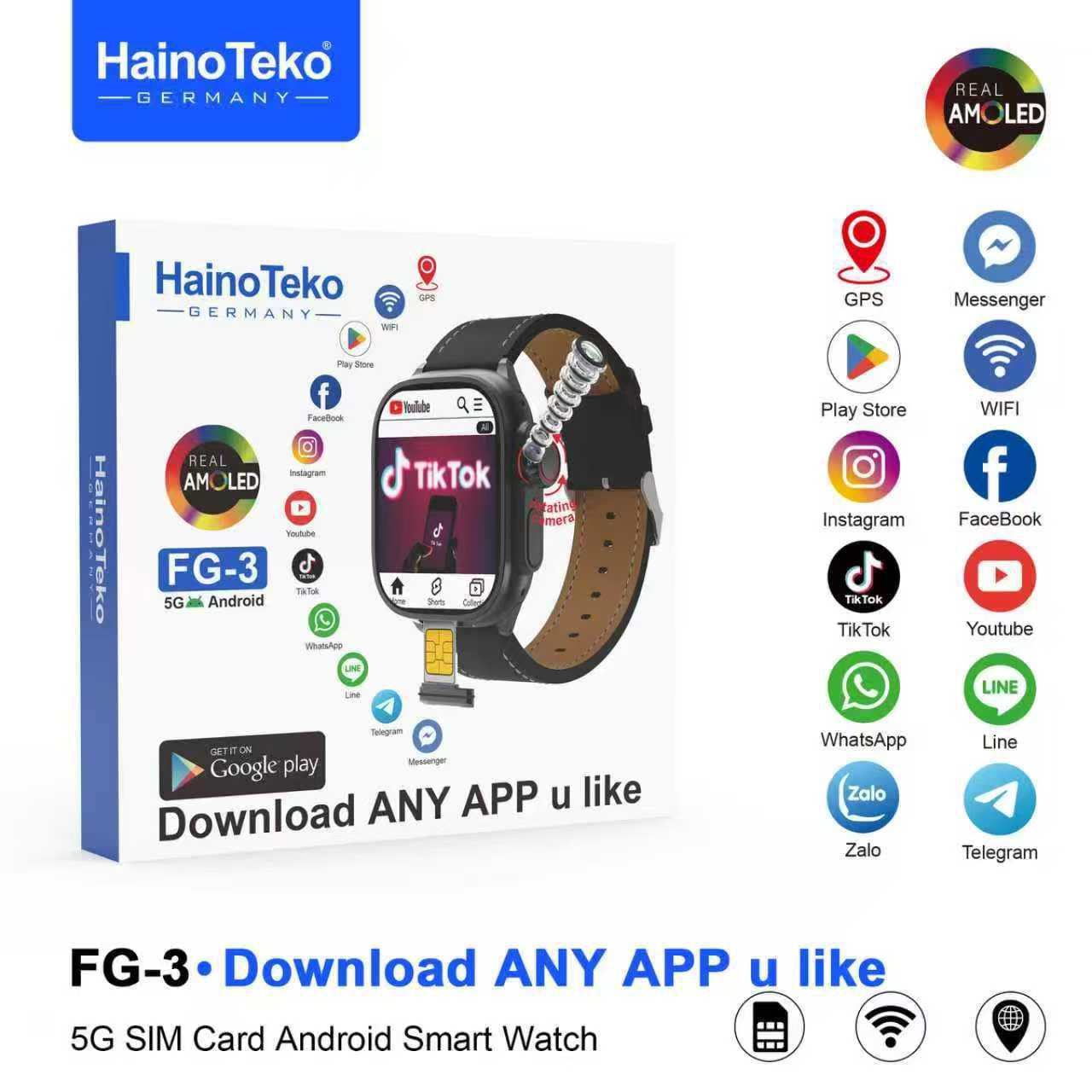 HainoTeko FG-3 5G Android Smart Watch with Real AMOLED Display SIM Card Support and Social Media Integration Designed for Gents Black