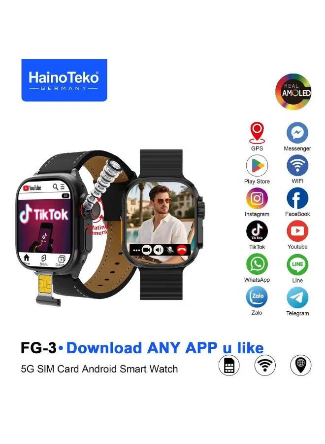 HainoTeko FG-3 5G Android Smart Watch with Real AMOLED Display SIM Card Support and Social Media Integration Designed for Gents Black