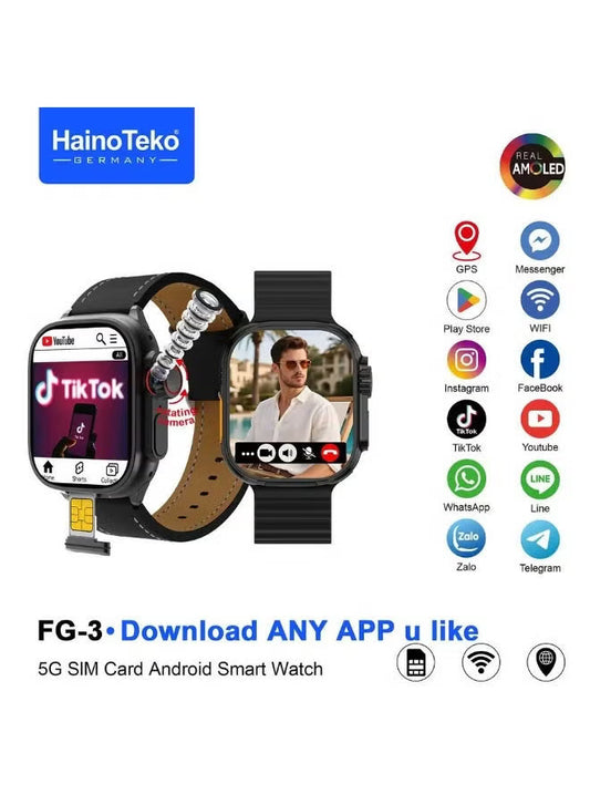 HainoTeko FG-3 5G Android Smart Watch with Real AMOLED Display SIM Card Support and Social Media Integration Designed for Gents Black