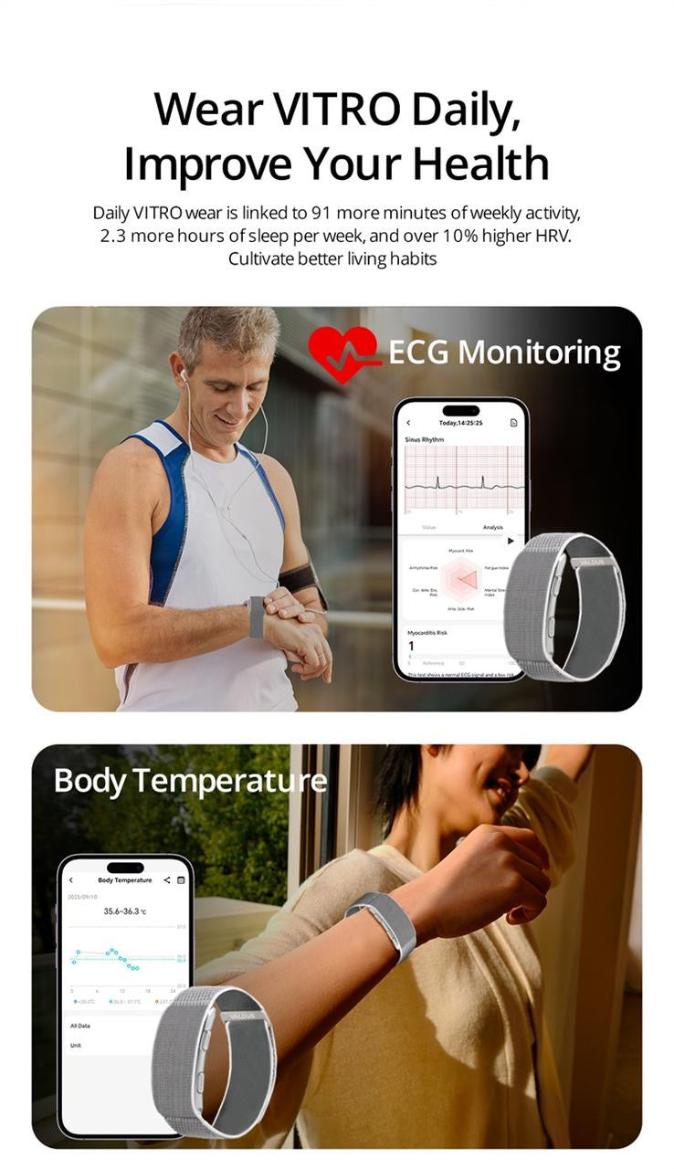 VALDUS VITRO Screenless Smart Band | ECG, Blood Pressure, SpO2 & Body Temperature Health Tracker | 20-30 Days Battery | Compatible with iOS & Android