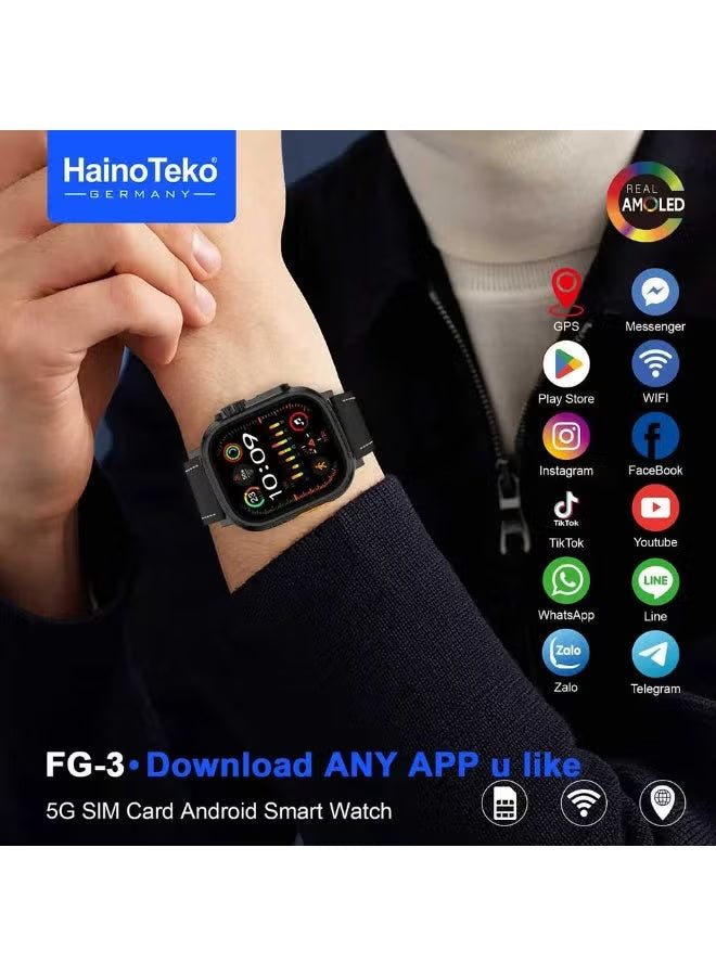 HainoTeko FG-3 5G Android Smart Watch with Real AMOLED Display SIM Card Support and Social Media Integration Designed for Gents Black