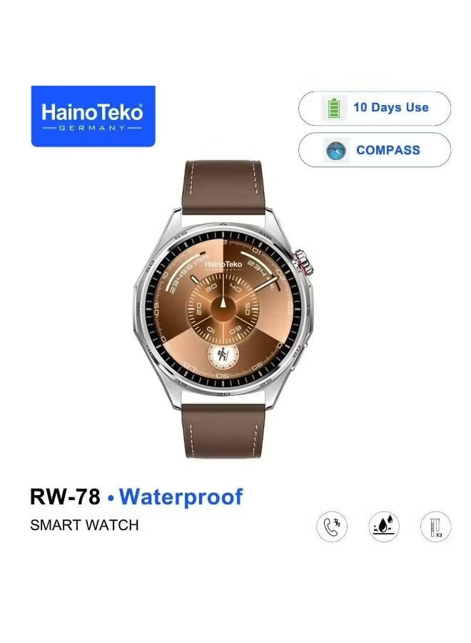 RW-78 Waterproof Smart Watch with AMOLED Display, Bluetooth Calling, 10-Day Battery, 3 Stylish Straps & Charging Cable, Sleek Silver Design for Men and Women