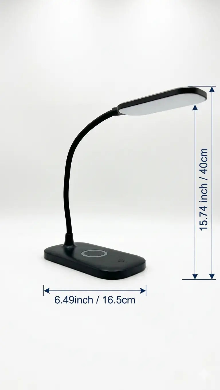 Modern LED Desk Lamp with Wireless Charging Pad This is a sleek, modern desk lamp featuring an adjustable LED light arm and an integrated wireless charging pad for smartphones.