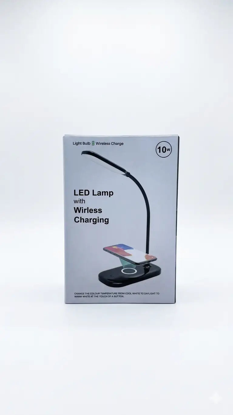 Modern LED Desk Lamp with Wireless Charging Pad This is a sleek, modern desk lamp featuring an adjustable LED light arm and an integrated wireless charging pad for smartphones.