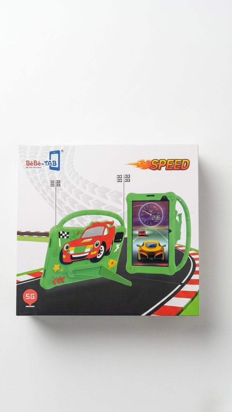 BéBé-TAB Speed 5G Kids Educational Tablet - 7-inch Display, Android 14, Shockproof Racing Car Case with Kickstand - Includes Toy Car & Accessories Bundle