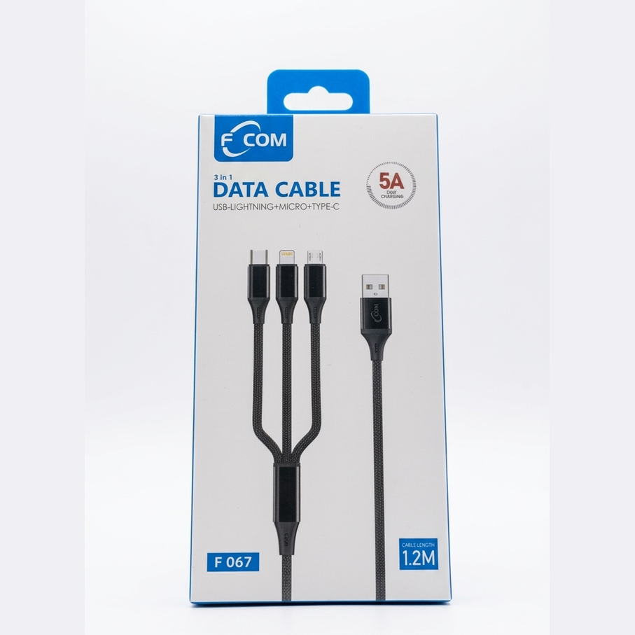 F-COM 3-in-1 Fast Charging Data Cable - USB to Type-C, Micro USB, & Lightning (1.2m)