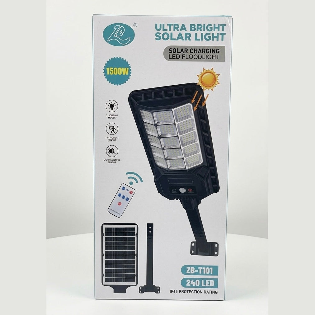 ZB-T101 Ultra Bright Solar LED Floodlight, 1500W, PIR Motion Sensor, IP65 Waterproof with Remote Control - Black