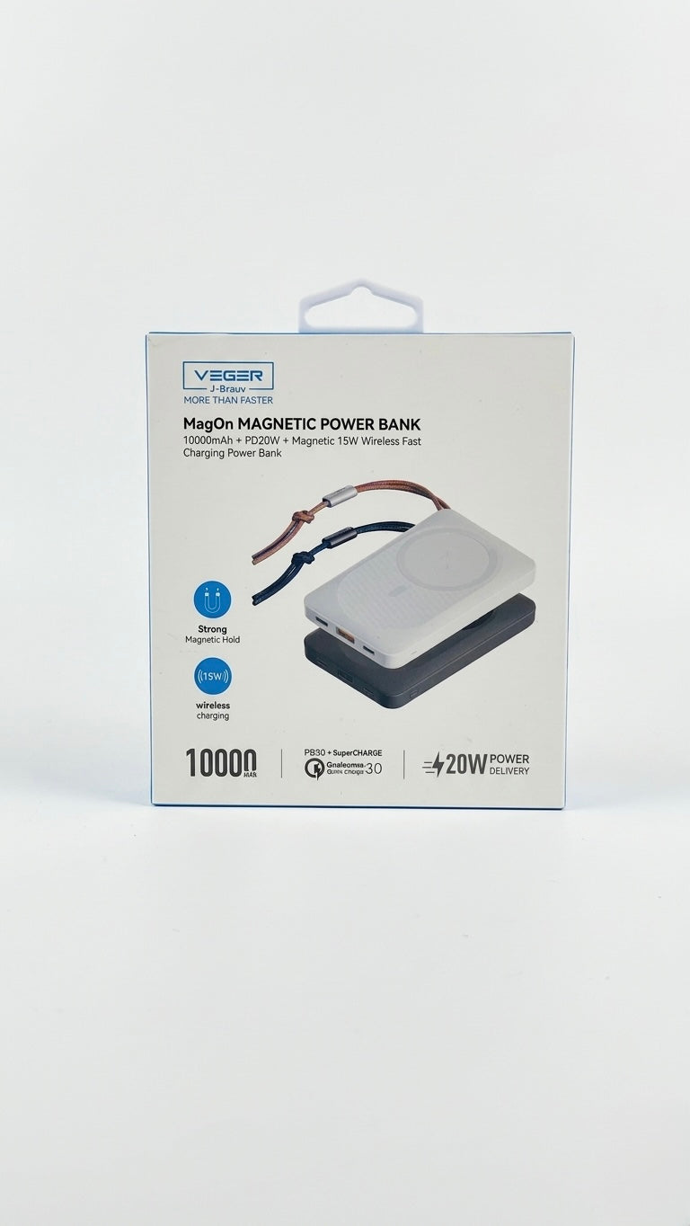 VEGER MagOn 10000mAh Magnetic Wireless Power Bank, PD 20W Fast Charging, 15W MagSafe Compatible
