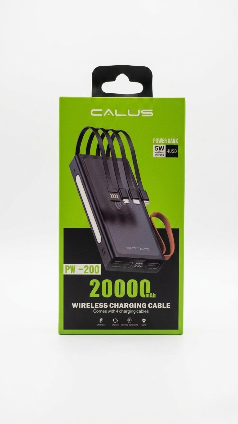 CALUS PW-200 20000mAh Power Bank with 5W Wireless Charging & 4 Built-in Cables