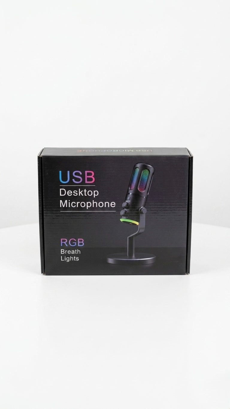 USB Desktop Microphone with RGB Breathing Lights – Plug & Play Condenser Mic for Gaming, Streaming, and Podcasting with Real-Time Monitoring and Volume Control