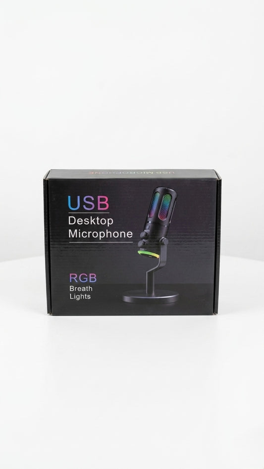 USB Desktop Microphone with RGB Breathing Lights – Plug & Play Condenser Mic for Gaming, Streaming, and Podcasting with Real-Time Monitoring and Volume Control