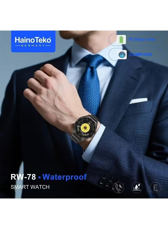 RW-78 Waterproof Smart Watch with AMOLED Display, Bluetooth Calling, 10-Day Battery, 3 Stylish Straps & Charging Cable, Sleek Silver Design for Men and Women